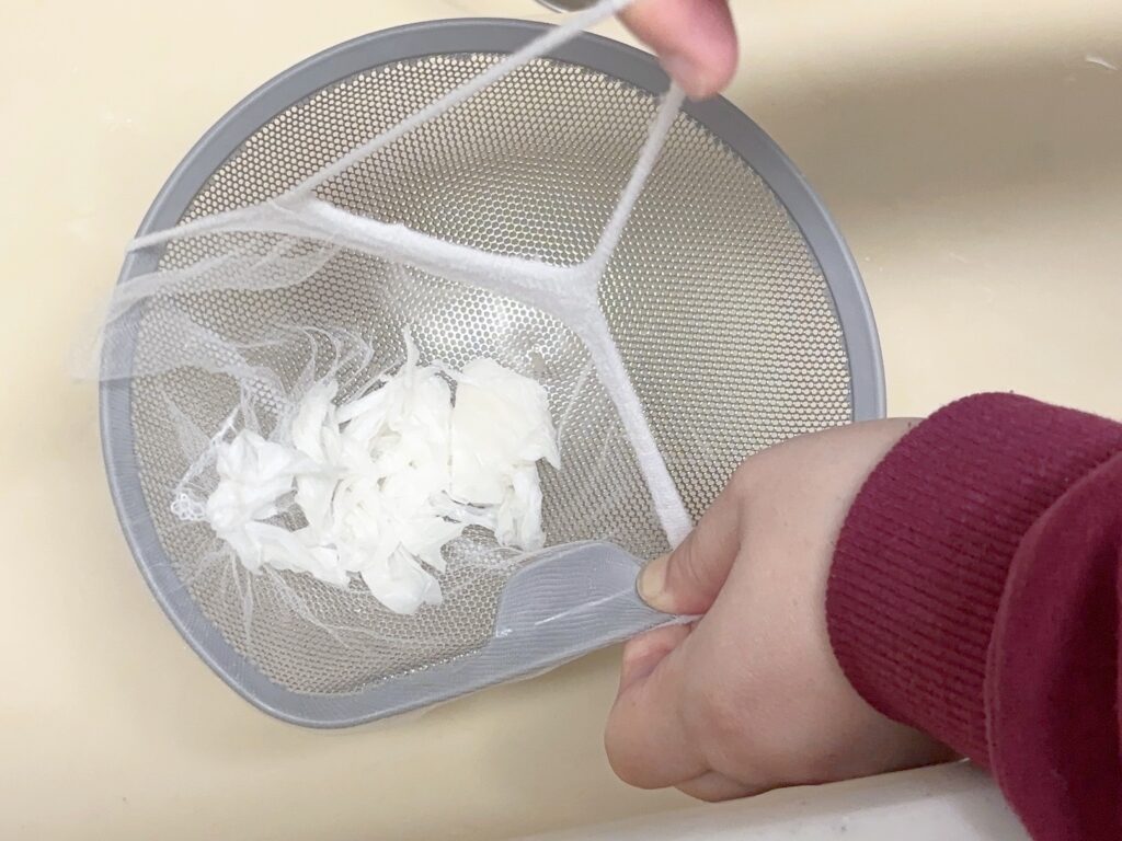 100均グッズループ付き排水口ネットをキッチン生ごみ受けから取り外している