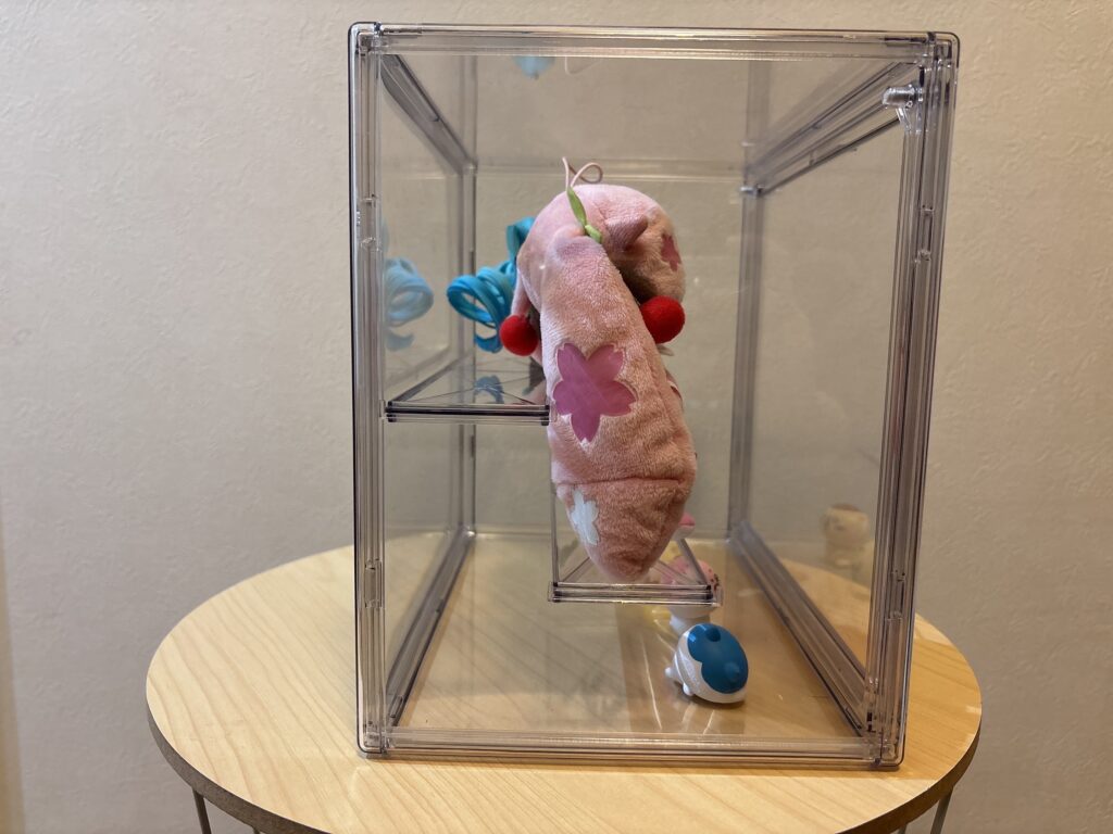 ダイソー透明コレクションケースで棚板を使ってコレクションを飾り横から撮影した画像